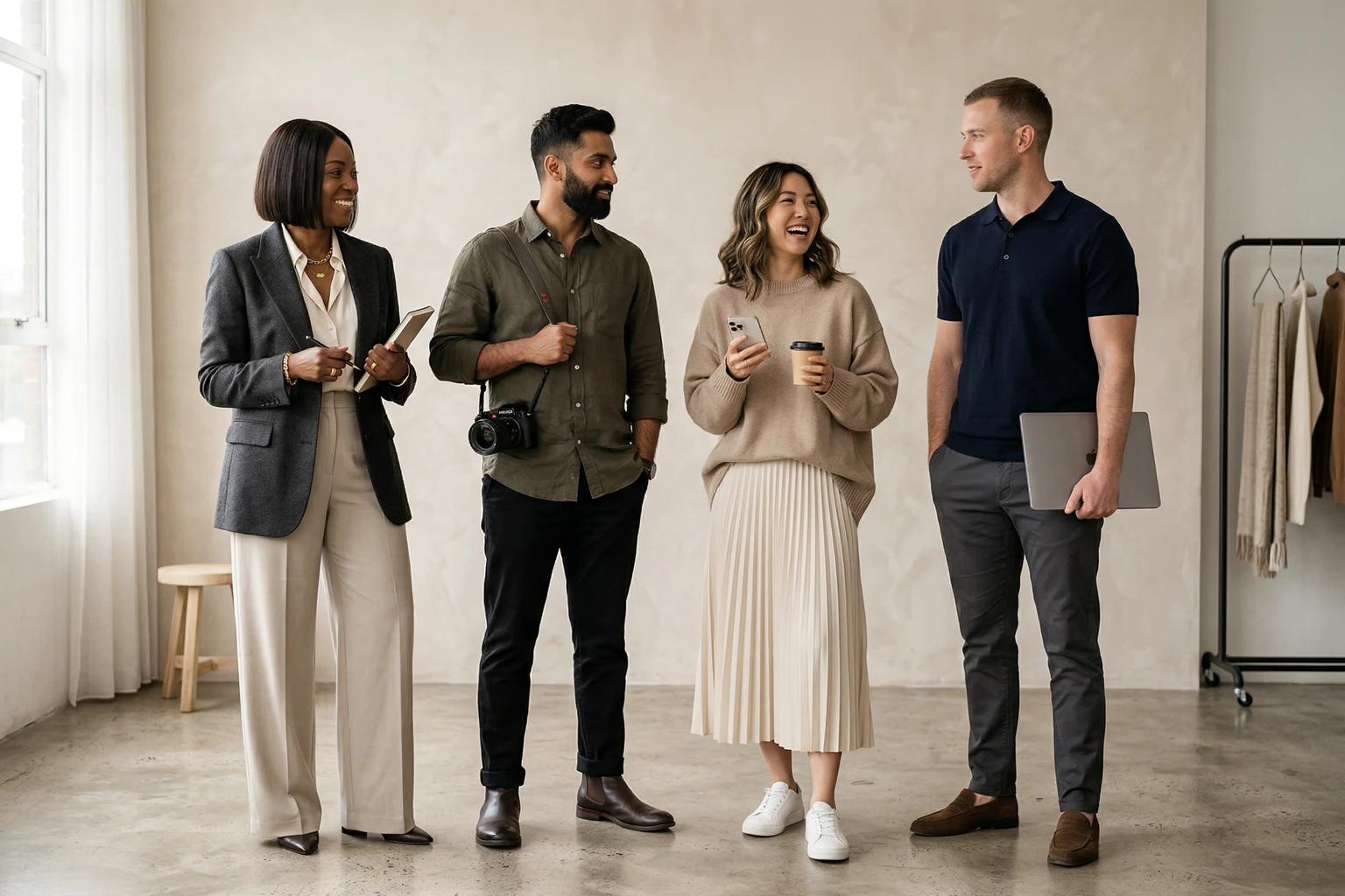 Diverse fashion industry professionals in a premium studio