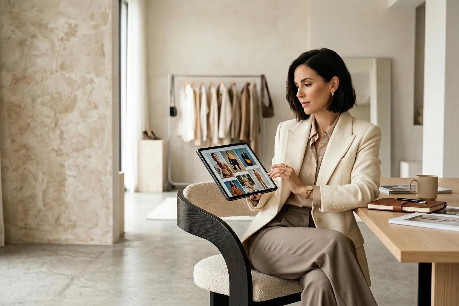 Fashion creative director reviewing imagery in a premium studio setting