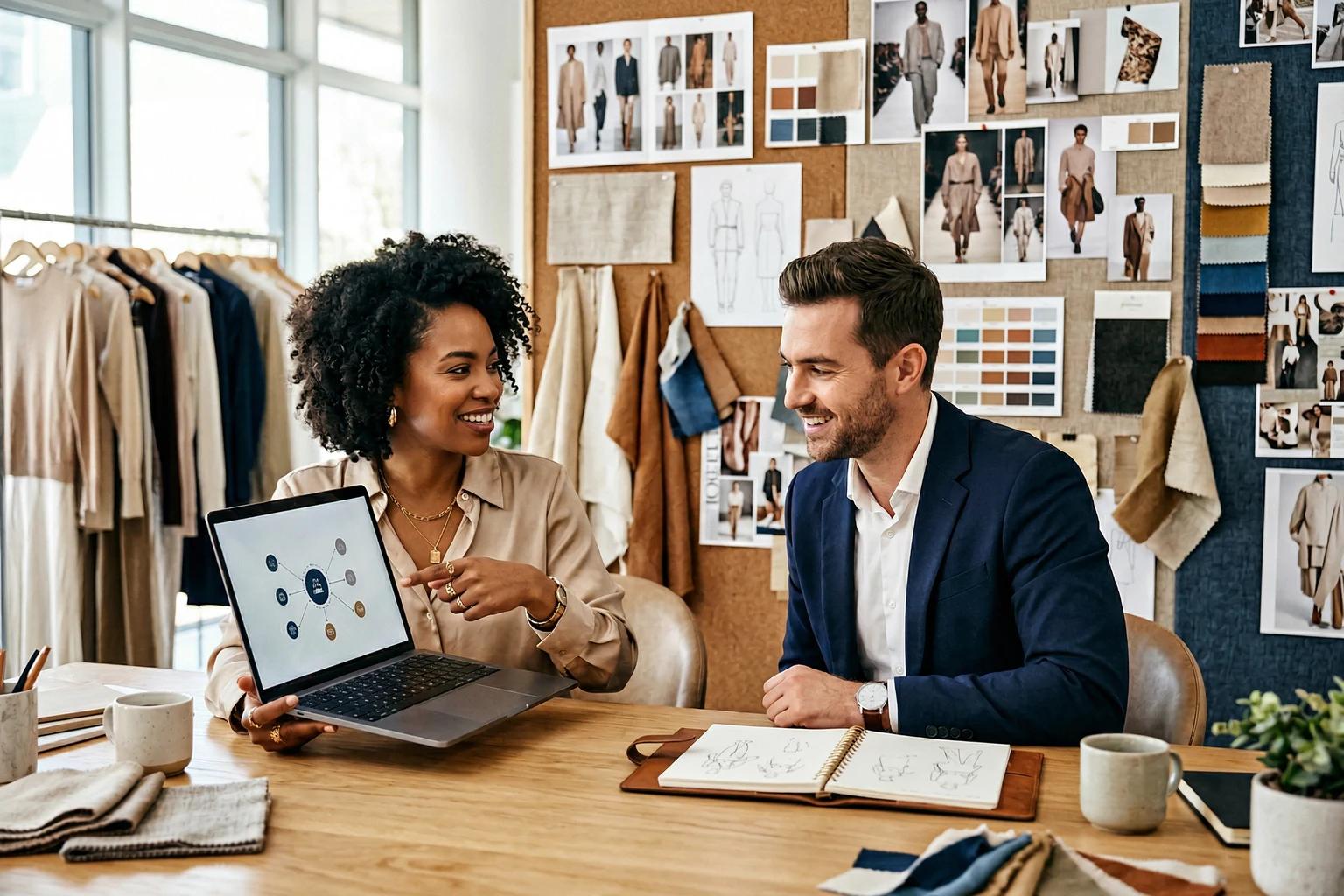 Fashion professionals collaborating over a referral link in a modern studio workspace