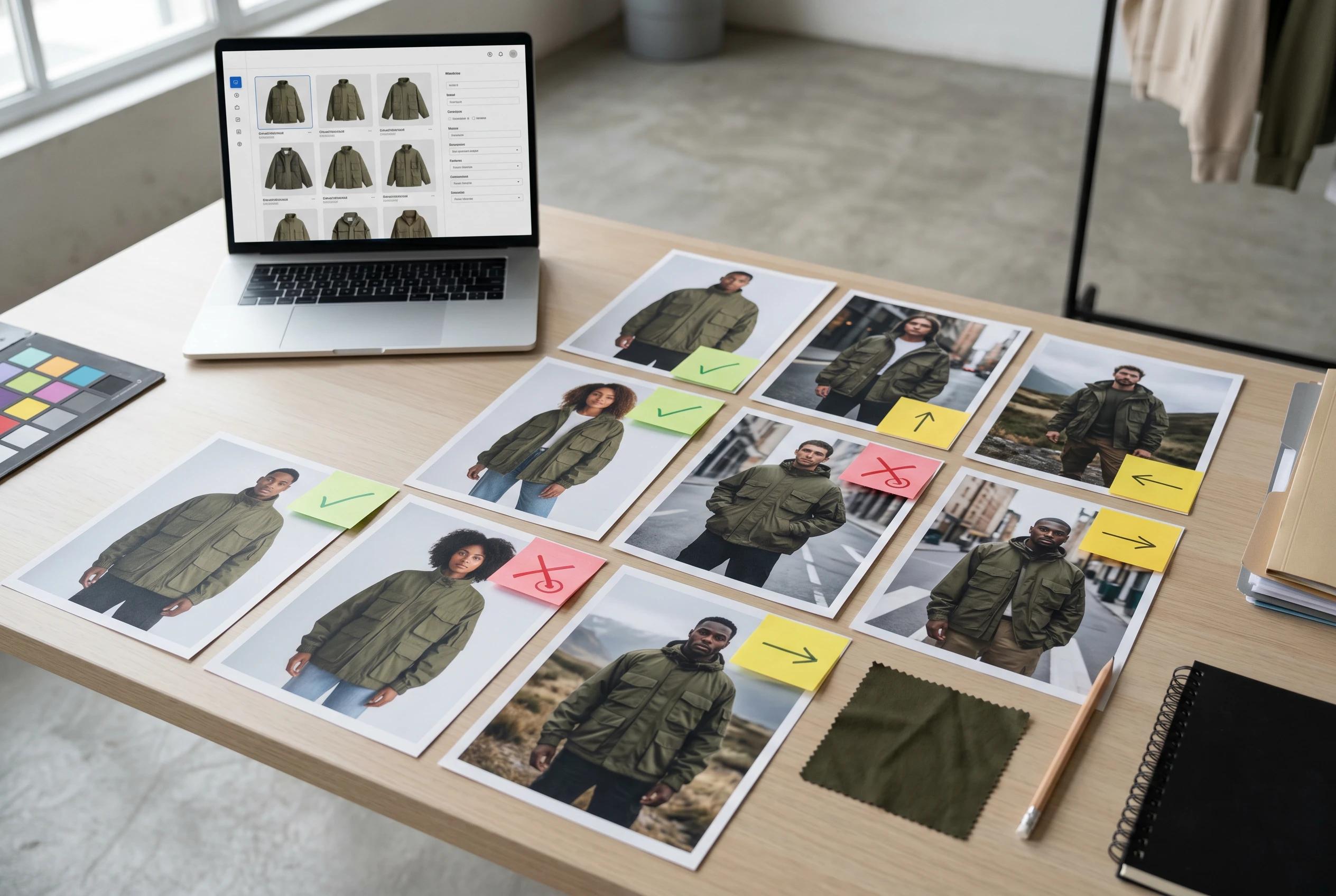 Fashion ecommerce review board with AI generated product image selects, approval notes, channel decisions, and garment swatches