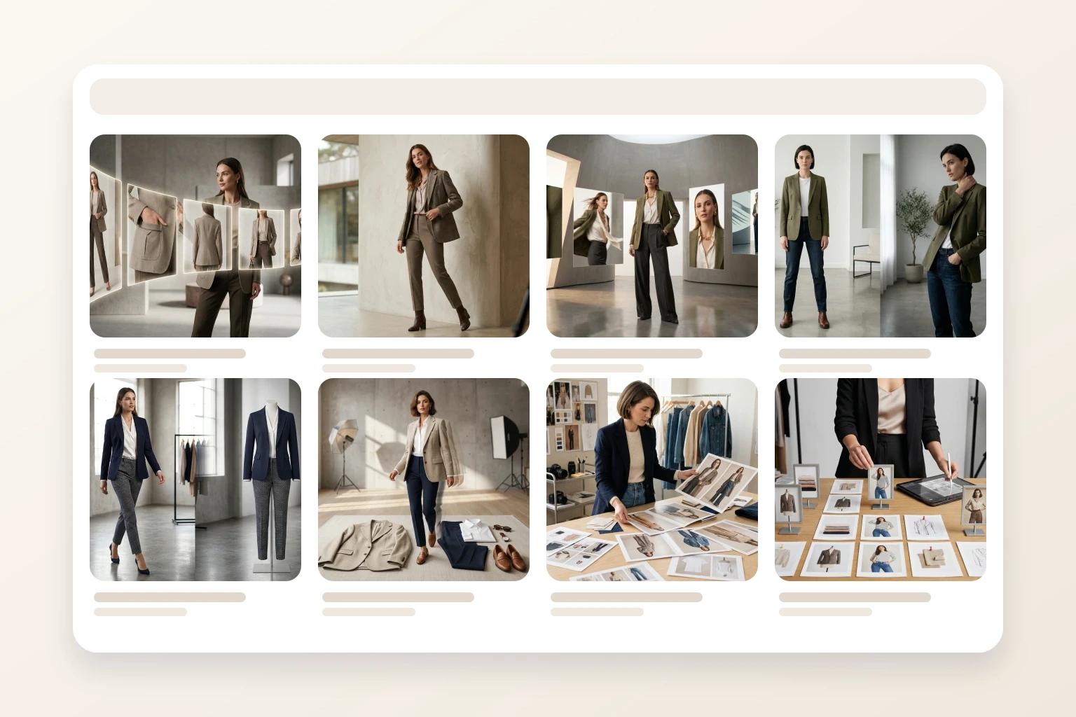 Fashion collection grid with consistent framing and readable silhouettes across dresses, tops, trousers, and jackets