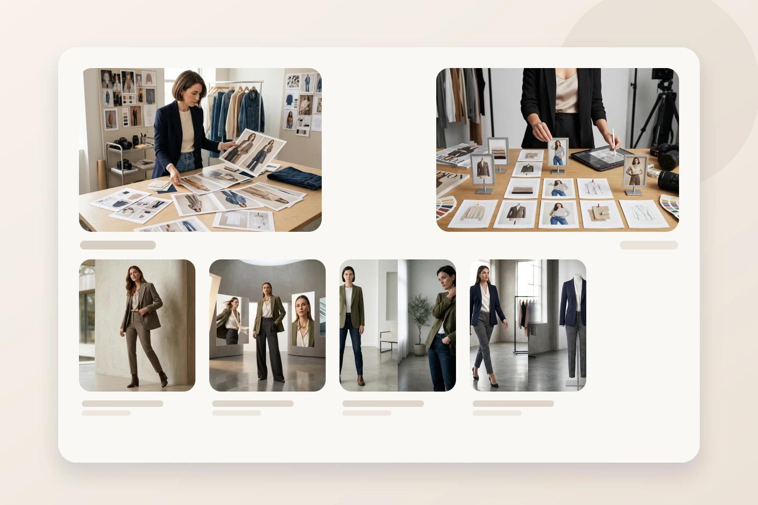 Merchandising board mixing on-model and product-led images by category and visual priority across a fashion collection page