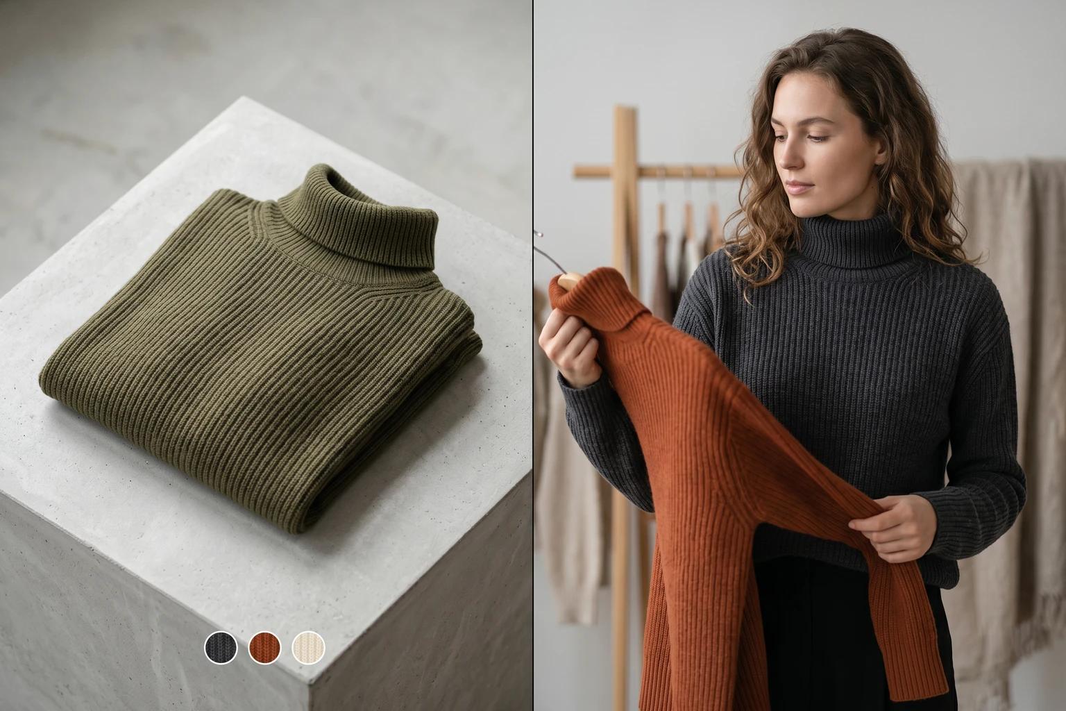 Fashion ecommerce mockup showing a lead colorway on a collection grid and a product page with truthful supporting imagery for multiple selected variants