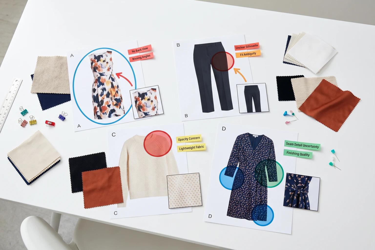 Fashion ecommerce PDP audit board marking return-risk blind spots like missing back views, unclear trouser shape, fabric opacity uncertainty, and color mismatch risk