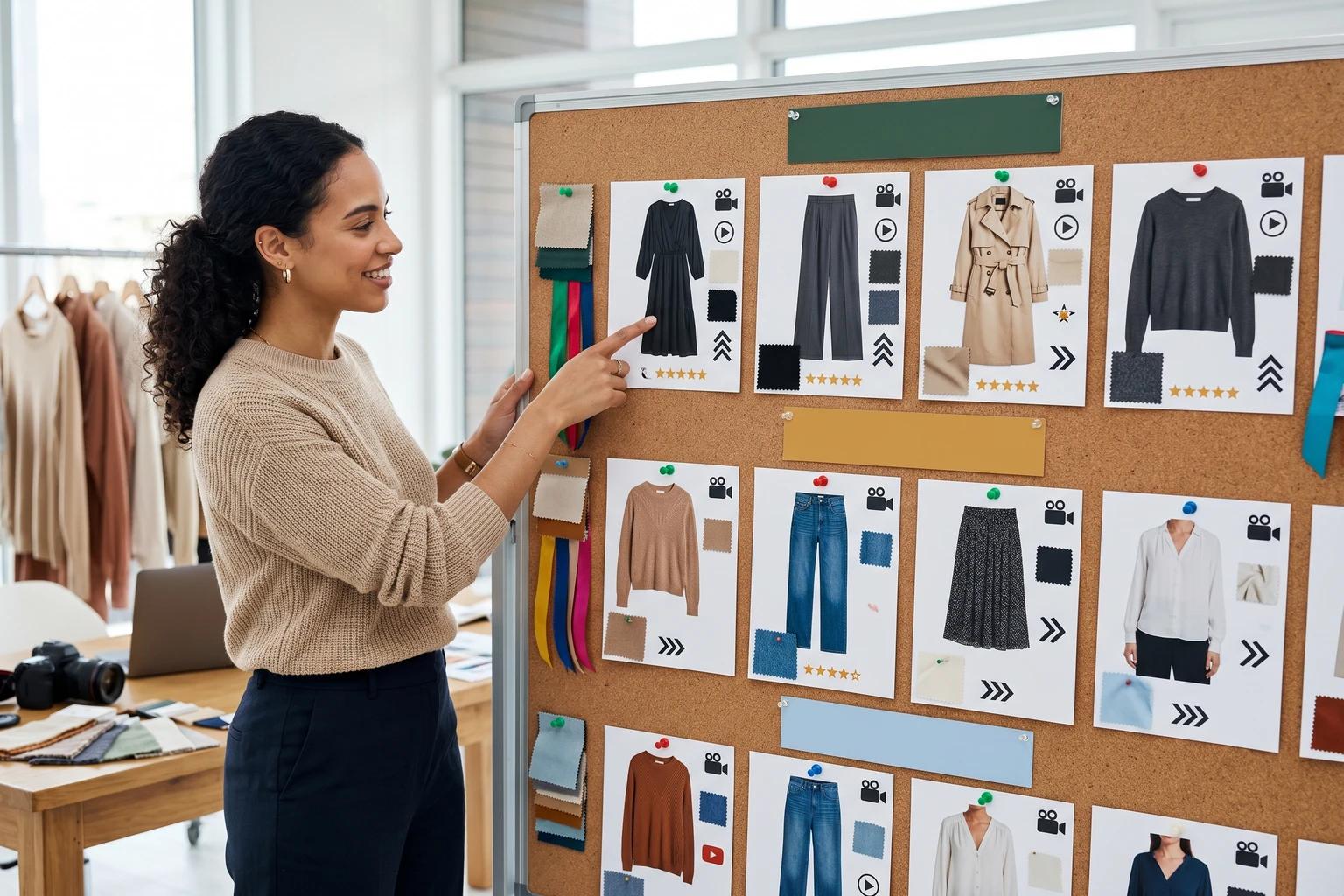 Fashion merchandising board ranking products for motion content by drape, launch importance, cross-channel reuse, and still-image strength