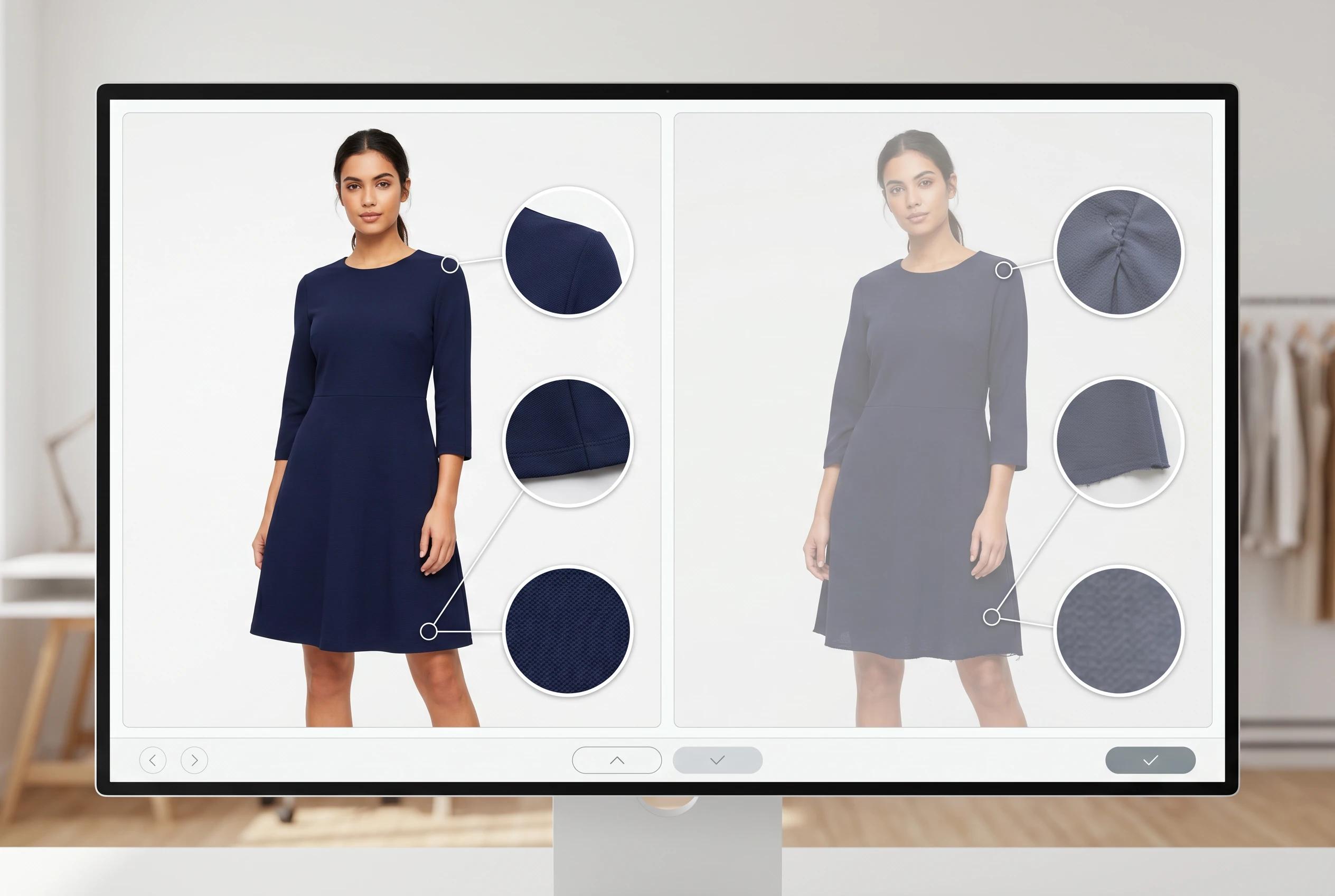 Review screen comparing AI fashion image outputs for garment truth, seam clarity, hemline accuracy, and fabric detail