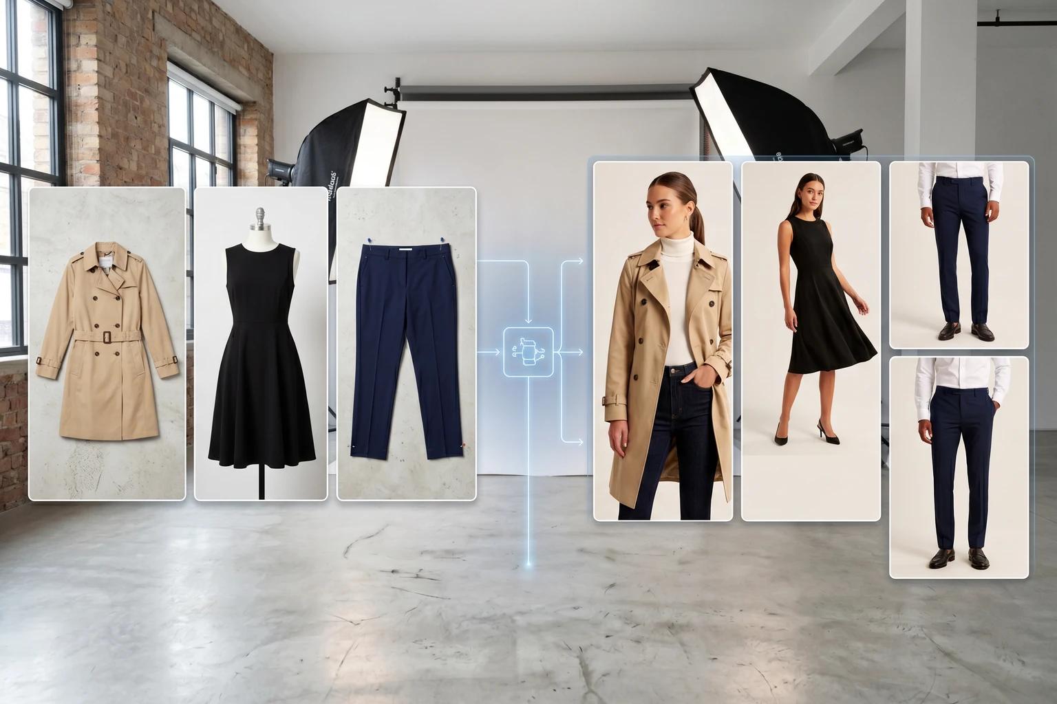 Fashion ecommerce workflow showing flat-lay, mannequin, and on-model source assets turned into launch-ready collection, PDP, and campaign images