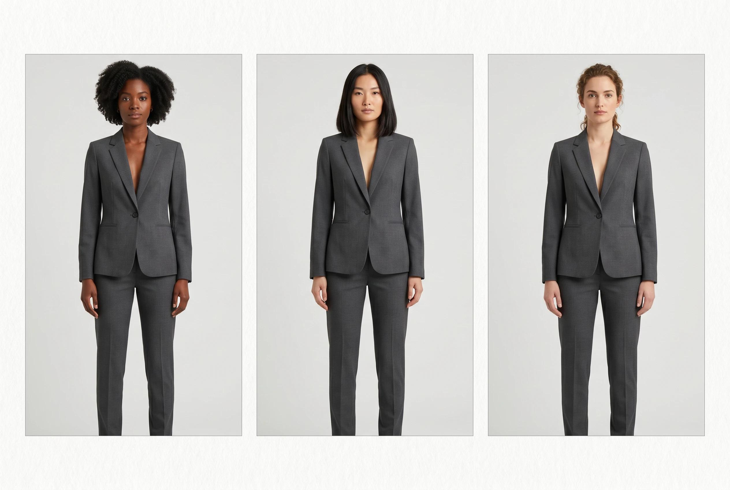 The same tailored outfit presented on three different models with consistent crop, background, and pose logic