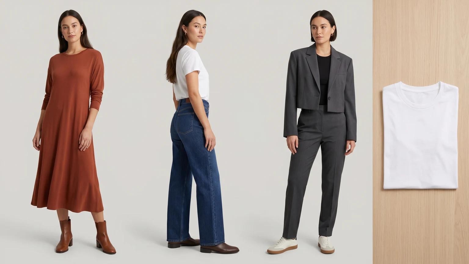 Fit-sensitive fashion garments shown on-model to clarify drape, leg shape, and structure