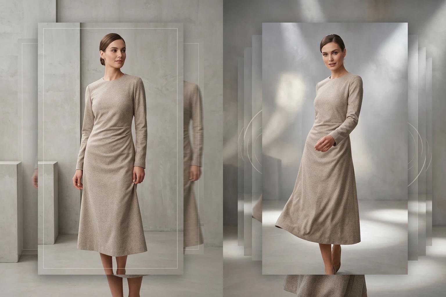 Workflow showing a strong fashion still adapted into restrained PDP motion and more energetic social motion while keeping the garment readable